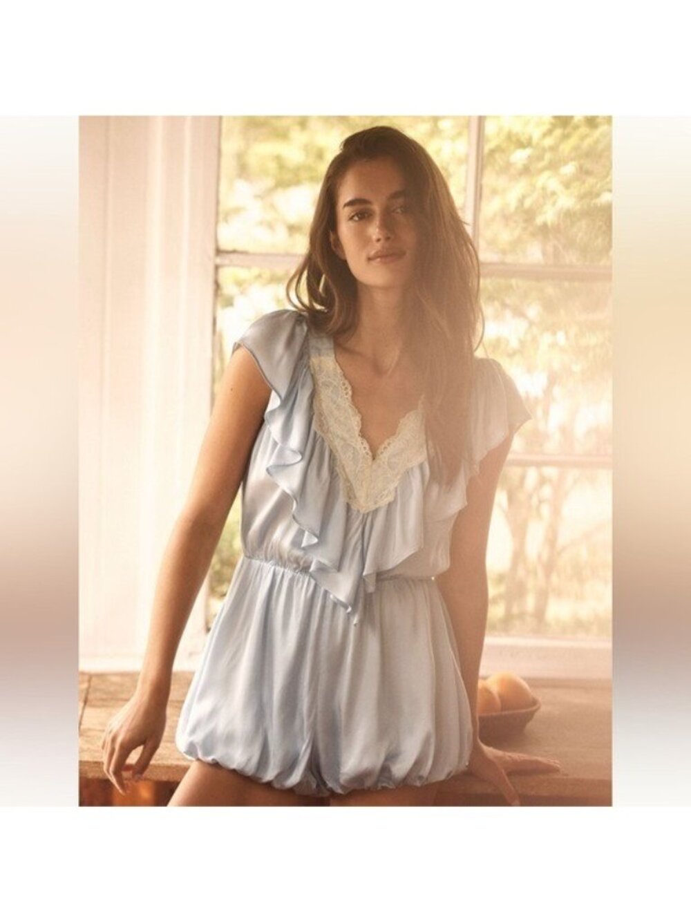 ANTHROPOLOGIE The Lyrebird Silky Lace Ruffled Romper Arctic Ice Blue Size L NEW